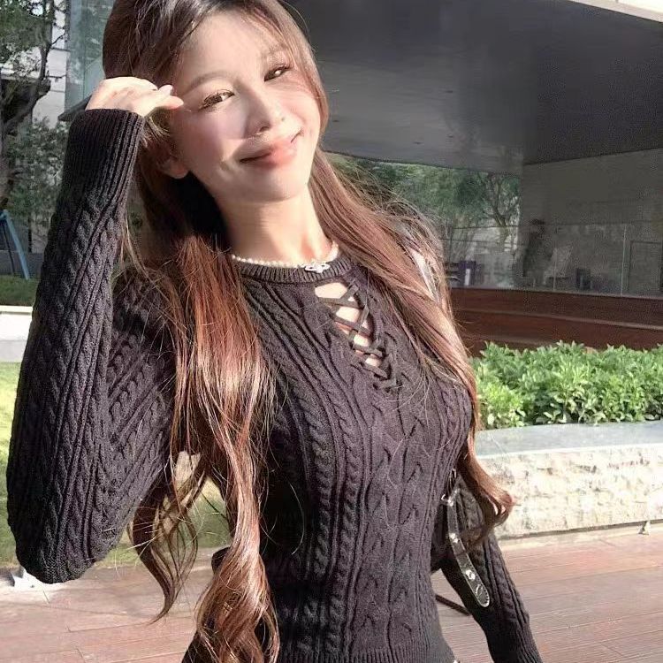 Women's Crew Neck Hollow Out Knitted Top Autumn Winter Slim Fit Long Sleeve Cable Knit Sweater Tight Base Layer Upper Garment