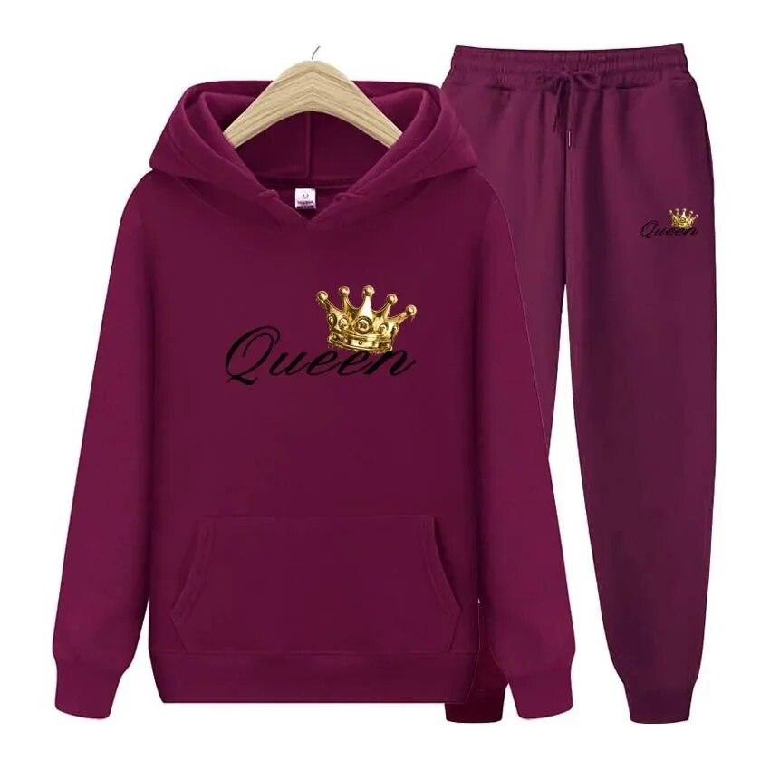 Queen Printing Autumn Winter Hoodies+Pants Two Piece Set  Womens Hoodies Tracksuits Jogger Pants thick Warm Clothes