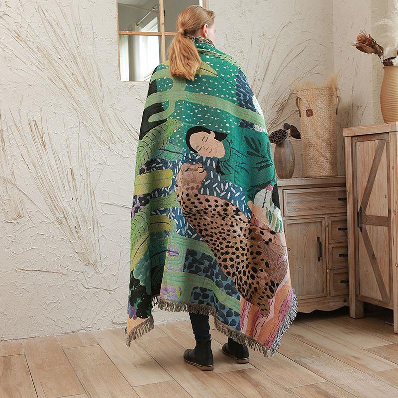 Jungle Graffiti Blanket Sofa Throw Couch Blanket Camping Rug Decorative Blanket Picnic Blanket, Leopard & Woman Print