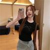 Women's Crew Neck Short Sleeve Top Slim Fit Sweet Bow Rhinestone Tee Trendy Cropped Casual Top