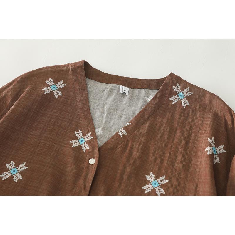 Autumn 2025 Retro Floral Ink Print Cotton Linen V-Neck Casual Plus Size Shirt One Size
