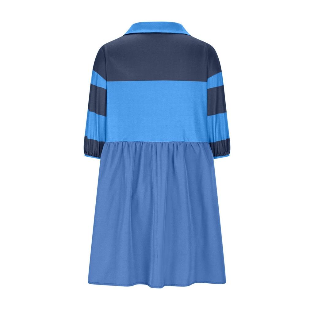 Women Babydoll Dress Striped Colorblock Pleated Oversized Short Sleeve Collar T-Shirt Dress
