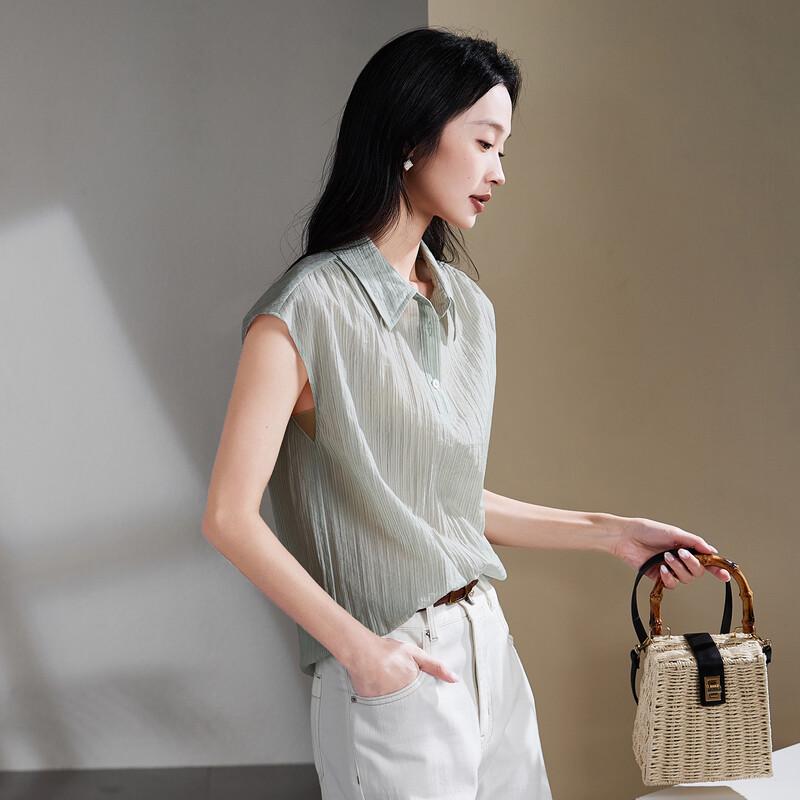 SOFSIL Women s Textured Short Sleeve Lapel Shirt L