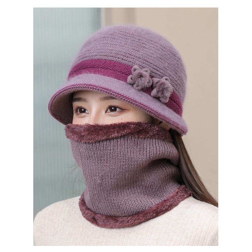 Outdoor Elderly Middle Aged Winter Beanie Hat Scarf Fleece Lining Warm Knit Bucket Hat Windproof Hat Scarf Set for Women
