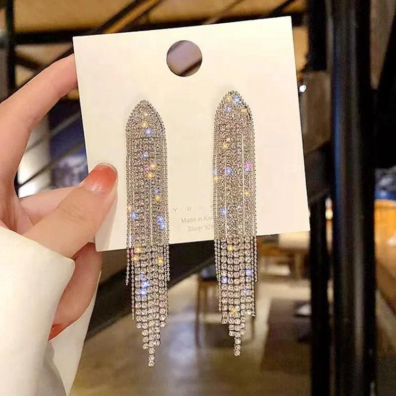 Exquisite Luxury Shiny Crystal Dangle Earrings for Women Long Tassel Full Rhinestone Statement Earring Korean Fashion Jewelry