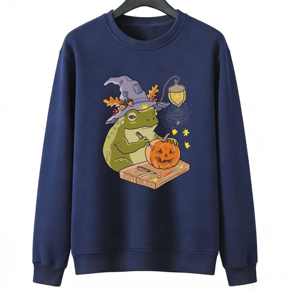 Witch Frog Carving Pumpkin Hoodie Women's Halloween Funny Cute Fall Spooky Graphic Cozy Warm Long Sleeve Pullover Sweatshirt