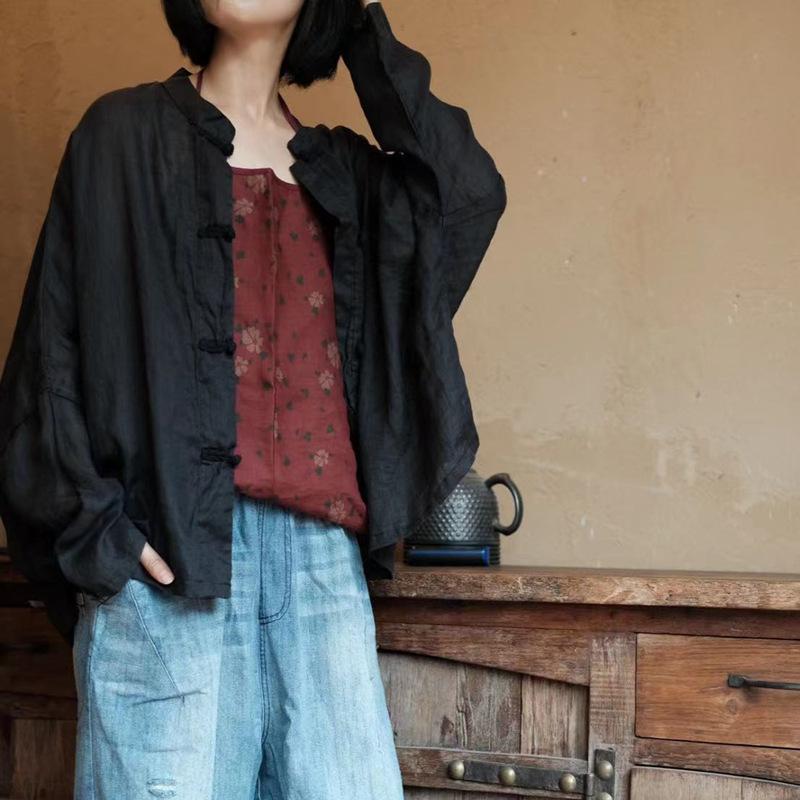 

Johnature Жіночі зелені сорочки з вінтажним принтом Топи Весняні блузки з довгим рукавом і ґудзиками в китайському стилі Жіночі сорочки One Size чорний