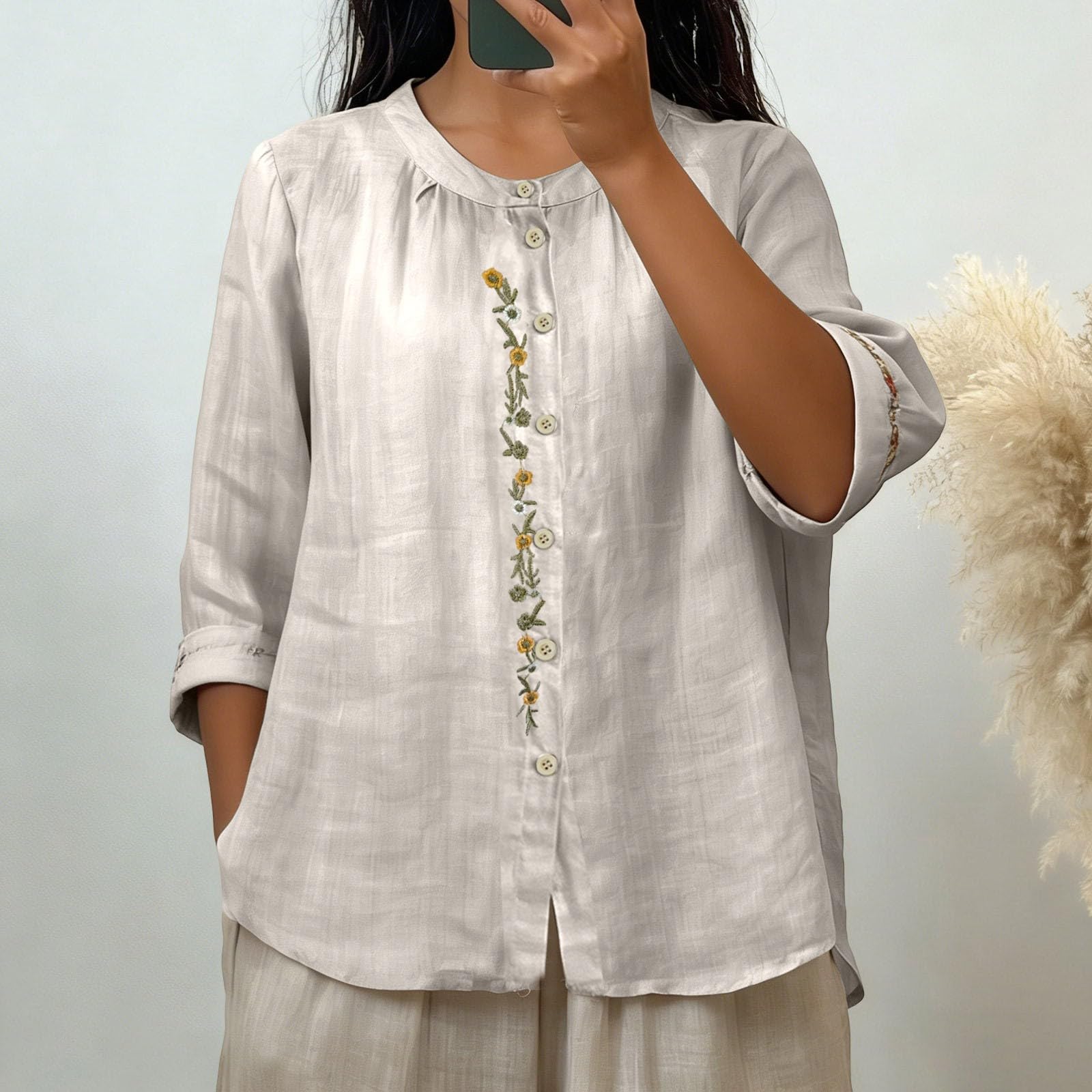 

Women 3/4 Sleeve Crew Neck Button Down Shirt Loose Fit Bohemian Embroidered Casual Blouse Top for Everyday Wear XXL бежевый