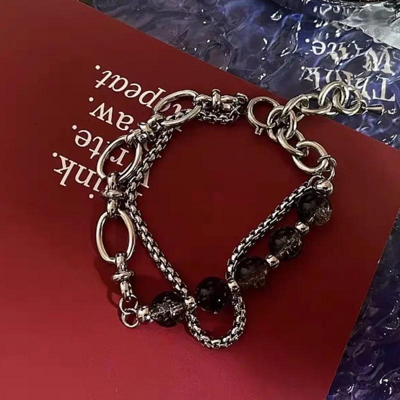 Double Layer Chain Bracelet Ice Cracked Pearl Titanium Steel Splicing Bracelet Retro Unisex Niche Design