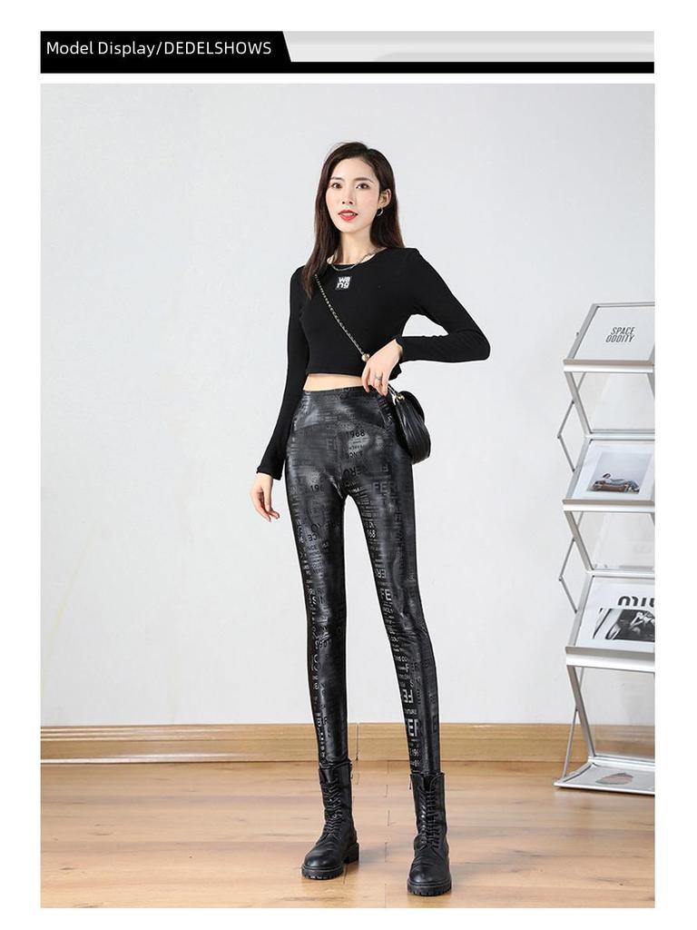 Women's High Waist Black PU Leather Motorcycle Pants, Winter Plus Size Elastic Pencil Leggings with Velvet Lining