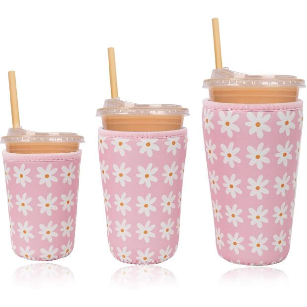 Reble Ulated Neoprene Iced Coffee Cup Sleeve, Durable Drink Sleeve for Cold Beverages, Beverage Holder for Iced Coffee, Floral Checkers
