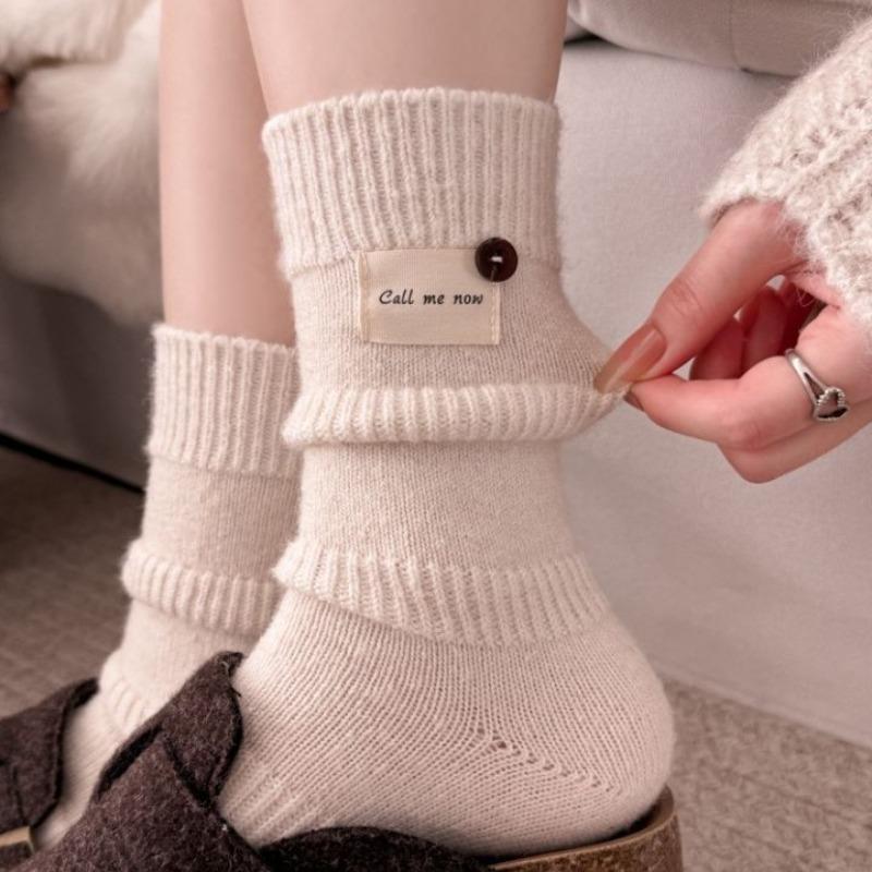 Wool Accessories Women's Socks - Winter High-end Thick and Warm Knitted Fabric with Logo Buttons, Pure Color, Simple Design, Mid-calf Length Socks