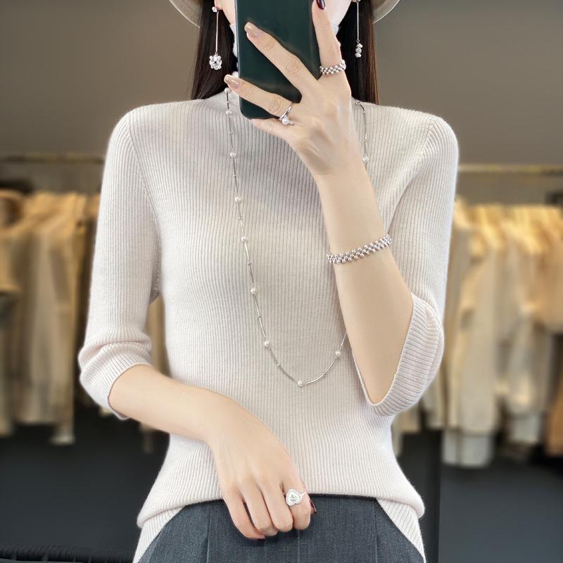 Women's Slim-Fit Seven-Sleeve Wool Sweater - High-Neck Versatile Knit for Autumn/Winter