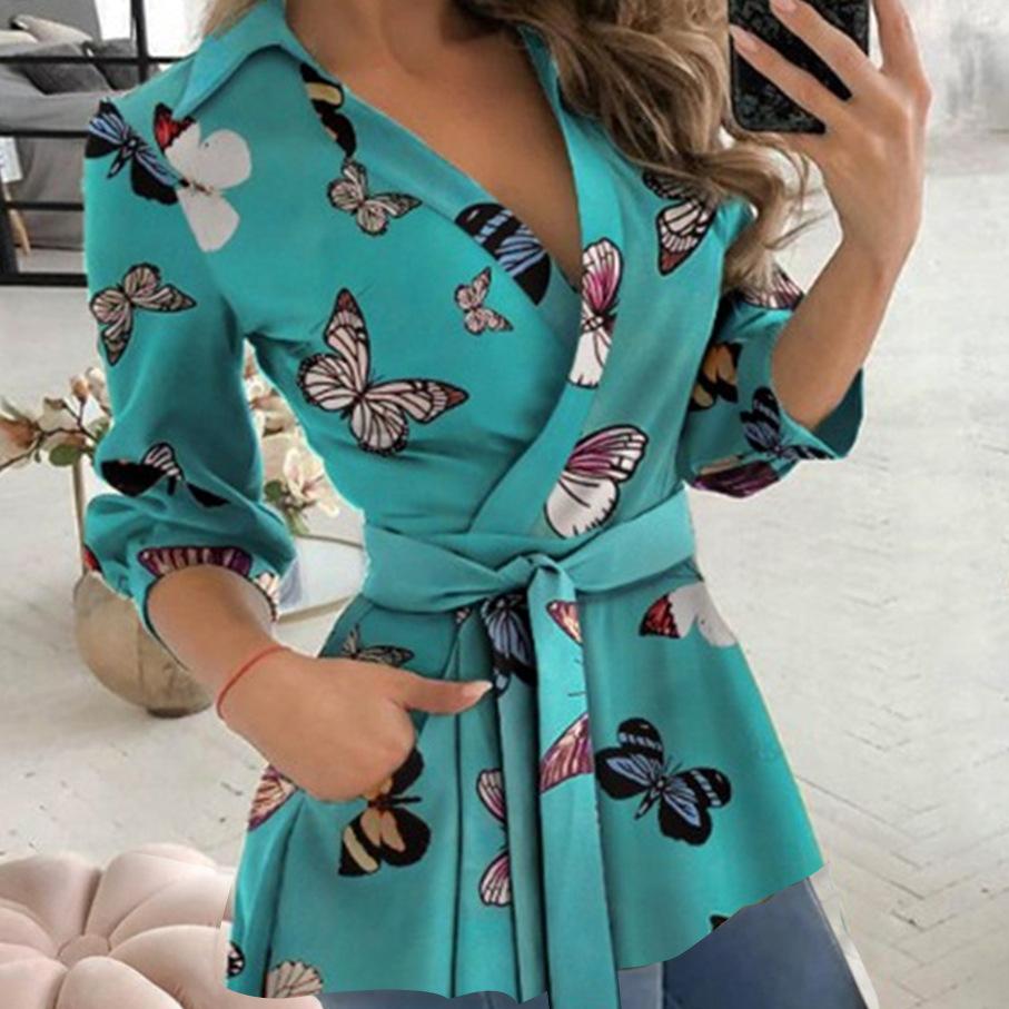 Women's shirt tops autumn new casual style printed long-sleeved V-neck belt shirt