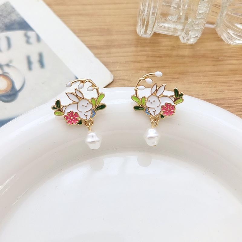 Sweet Summer Bunny Ear Pearl & Flower Stud Earrings