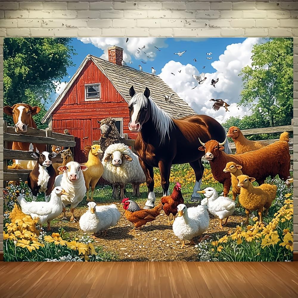 Farm animal party background with vibrant cow, sheep, horse, chicken, goose, pig and dog scene with red barn and windmill