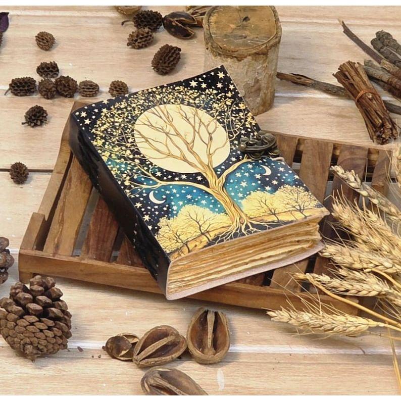 Tree of life  Grimoire Leather Journal, Blank Spell Book of Shadows Celestial leather journal Gifts For Him Her.