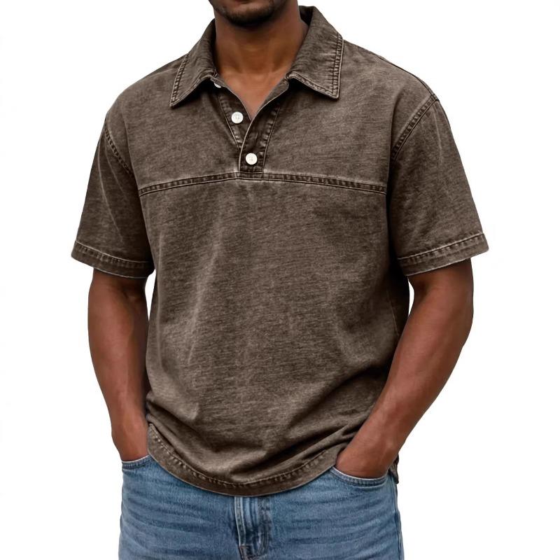 Herren Hellbraunes Gewaschenes Poloshirt Umlegekragen Lässig Lockerer Schnitt Kurzarm Pullover