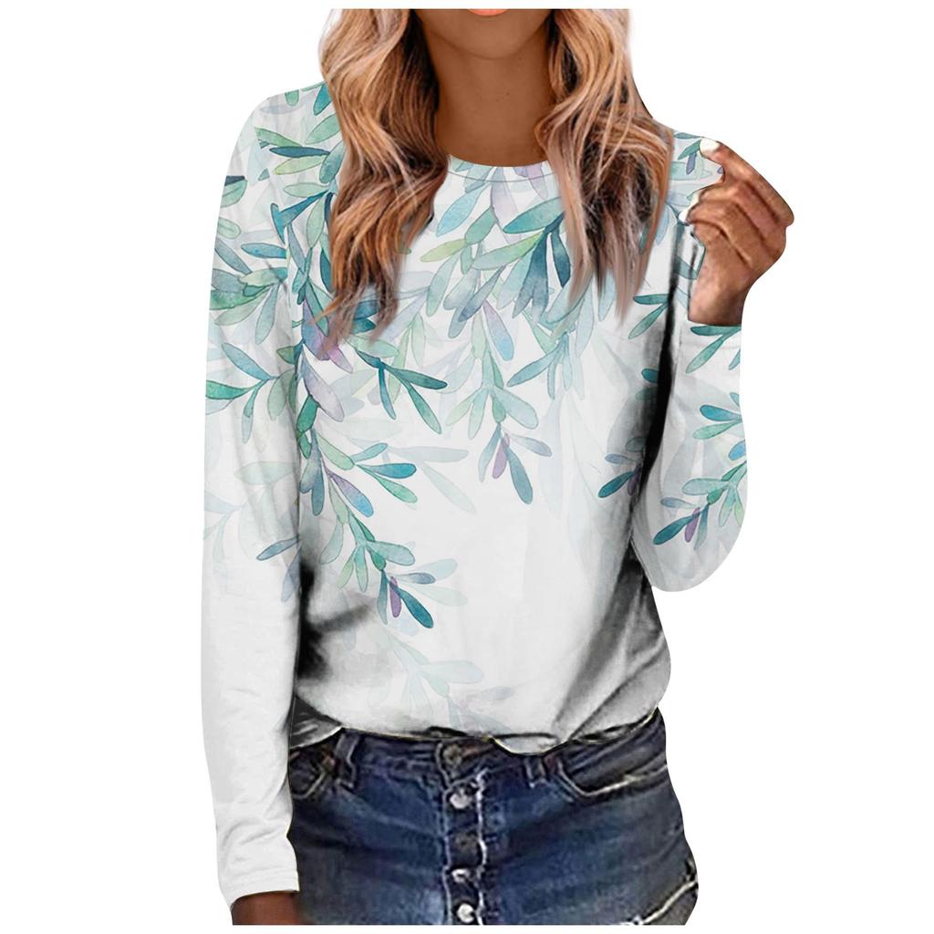 Women's Fashion Casual LongSleeve  Print Round Neck Pullover Top Blouse