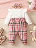 Newborn Baby Girl Spring Autumn Jumpsuit Flying Sleeves Pink Checkered Long Sleeved Jumpsuit+Headband for 0-18 Months Baby Girl