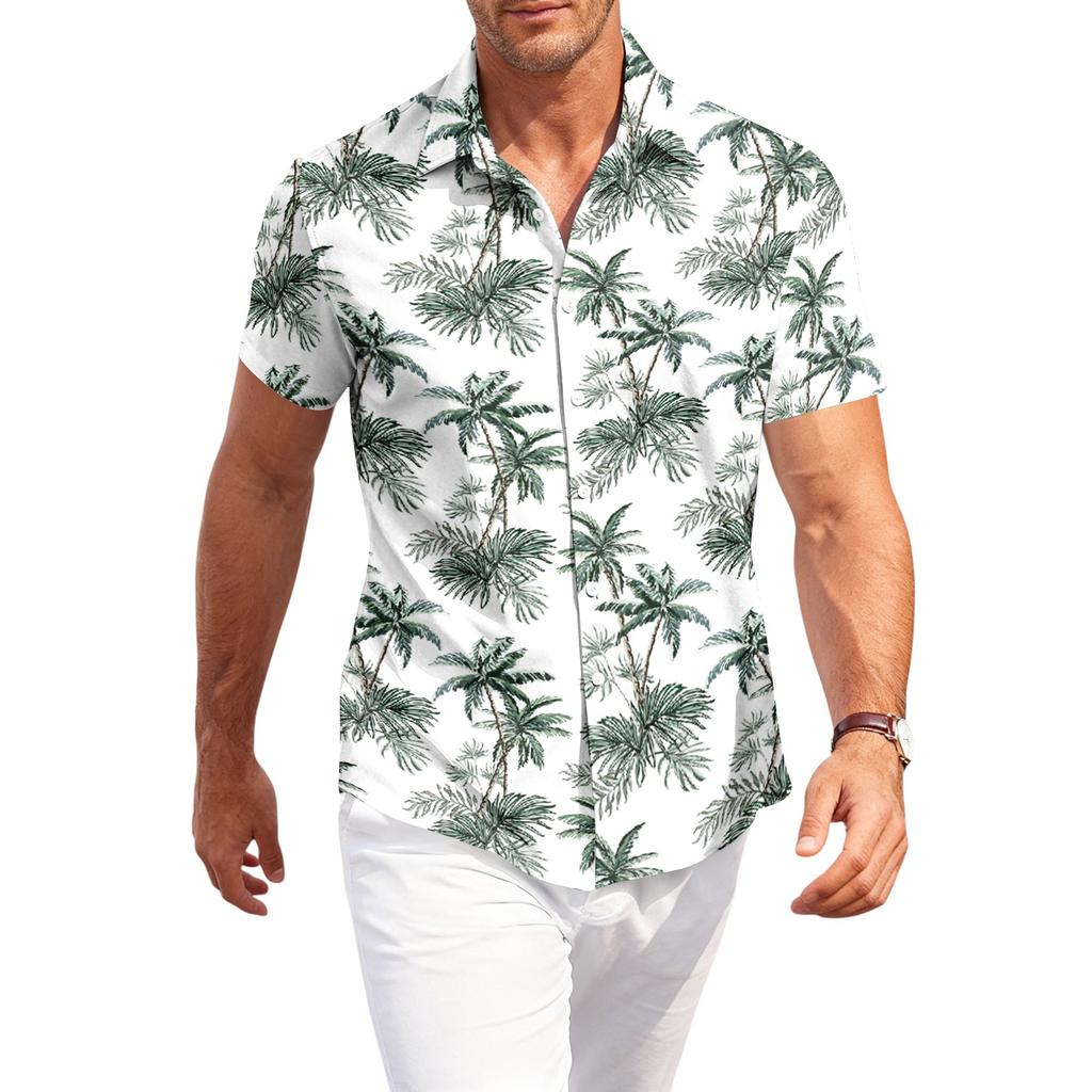 Men's Casual Loose Fit Short Sleeve Shirt Button Down Palm Leaf Print Lightweight Summer Beachwear Shirt