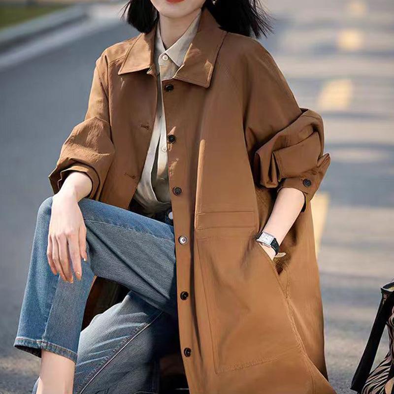 Classic Long-staple Cotton-blend Trench Coat Loose Lapel Mid-length High-end Spring and Autumn Women's Clothing Women's Coat