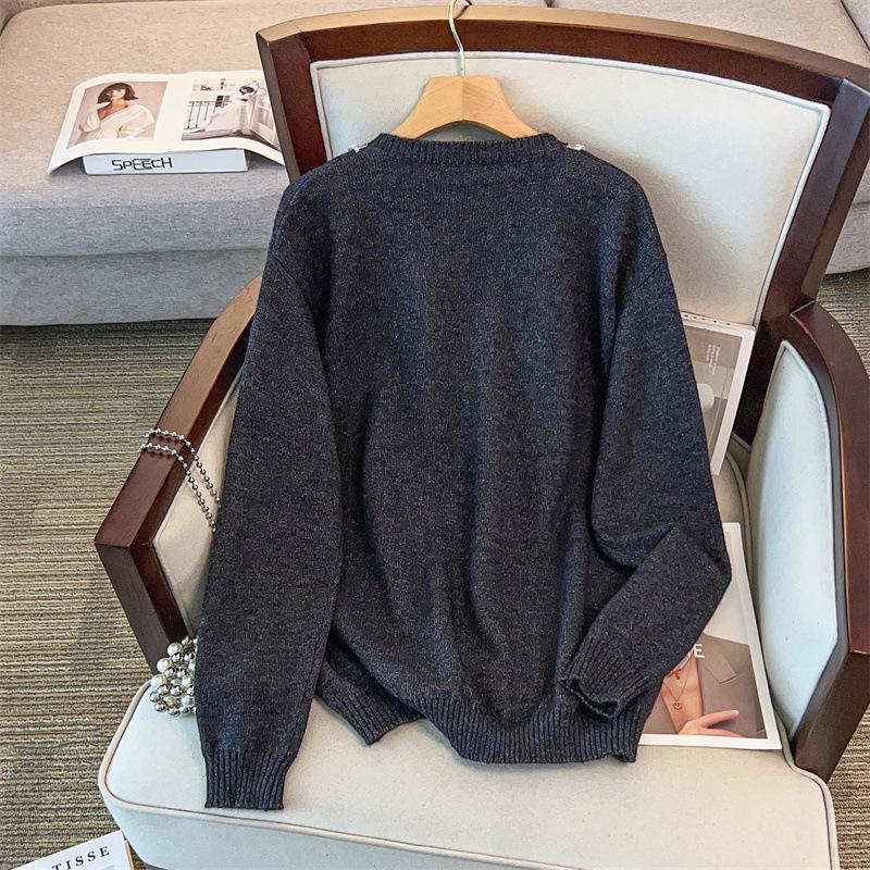 Plus Size V-Neck Knit Sweater: Slimming, Loose Fit, Mid-Length, Long Sleeve (Sizes Up To 350 Jin)