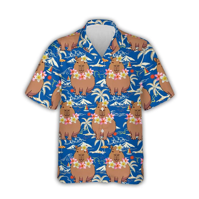 2024 Kawaii Capybara Graphic Shirts For Men Clothing 3D Print Hawaiian Beach Shirt Short Sleeve Y2k Cute Kids Tops Lapel Blouse