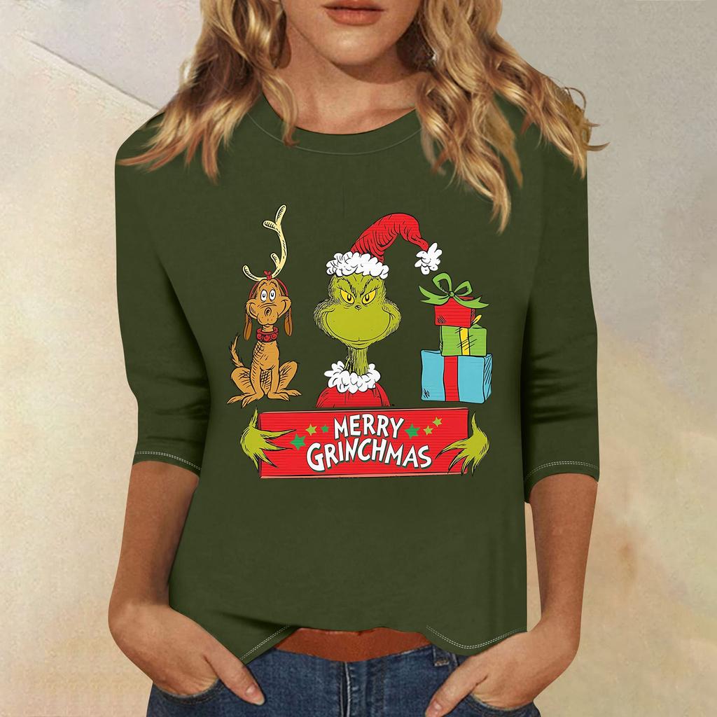 3/4 Sleeve Tops For Women T-Shirt Casual Christmas Print Tops T Shirt Round Neck Pullover Blouse