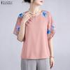 ZANZEA Women Casual Round Neck Floral Print Splice Half Sleeve Blouse