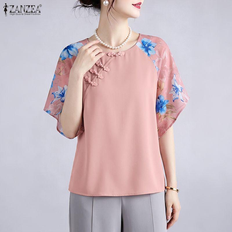 ZANZEA Women Casual Round Neck Floral Print Splice Half Sleeve Blouse
