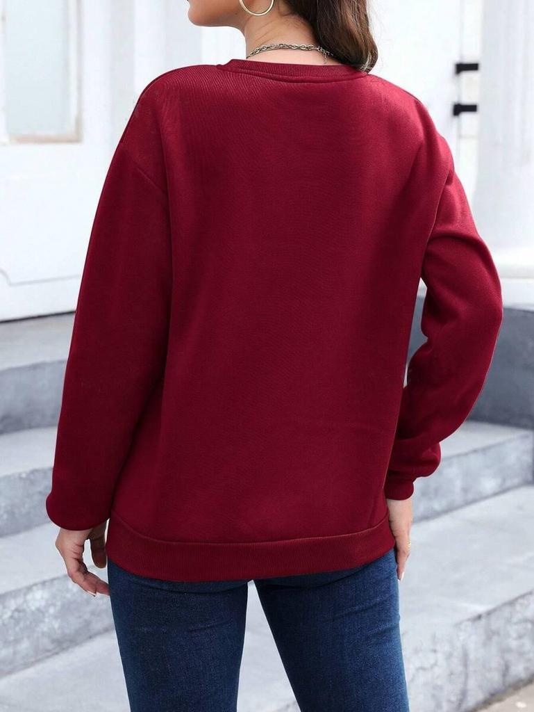 Women's Heart Print Long Sleeve Loose Pullover Sweatshirt