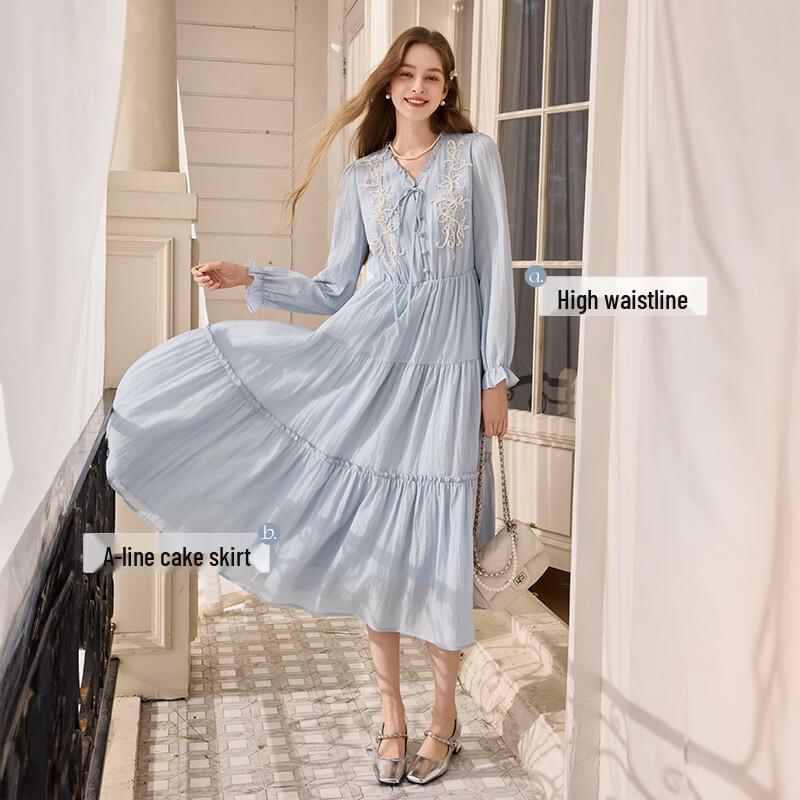 Women's V-Neck Embroidered A-Line Tiered Resort Dress