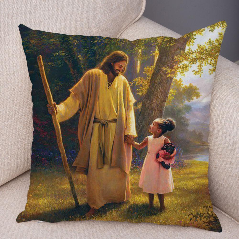 Vintage Jesus Christ Cushion Cover for Sofa Home Decor Colorful Cartoon Christ Savior Pillow Case Soft Plush Pillowcase xcm
