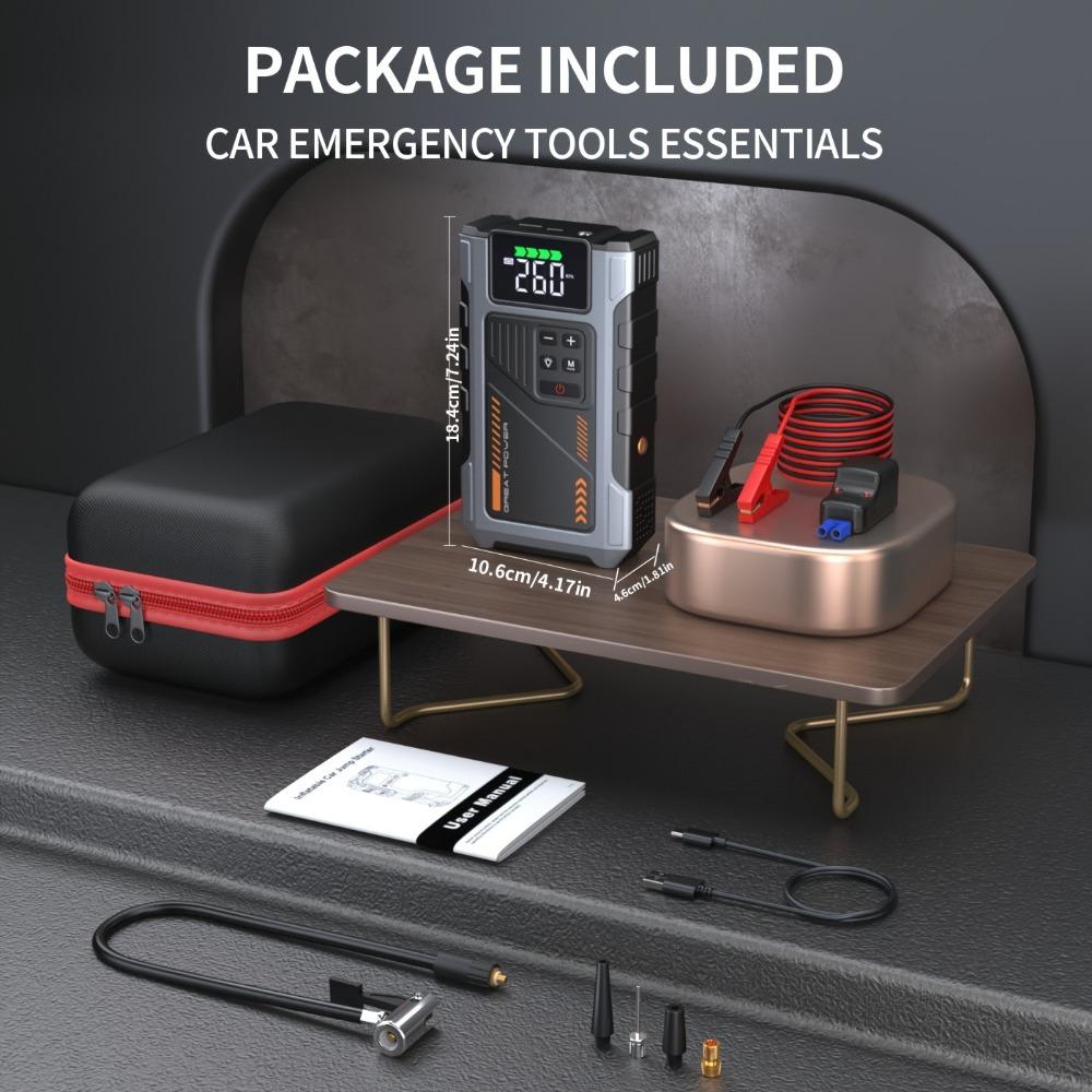 Portable Car Air Compressor and Emergency Starter with LED Emergency Light, 3000A Peak Power, 12V for Petrol/Diesel Vehicles, USB Input/Output