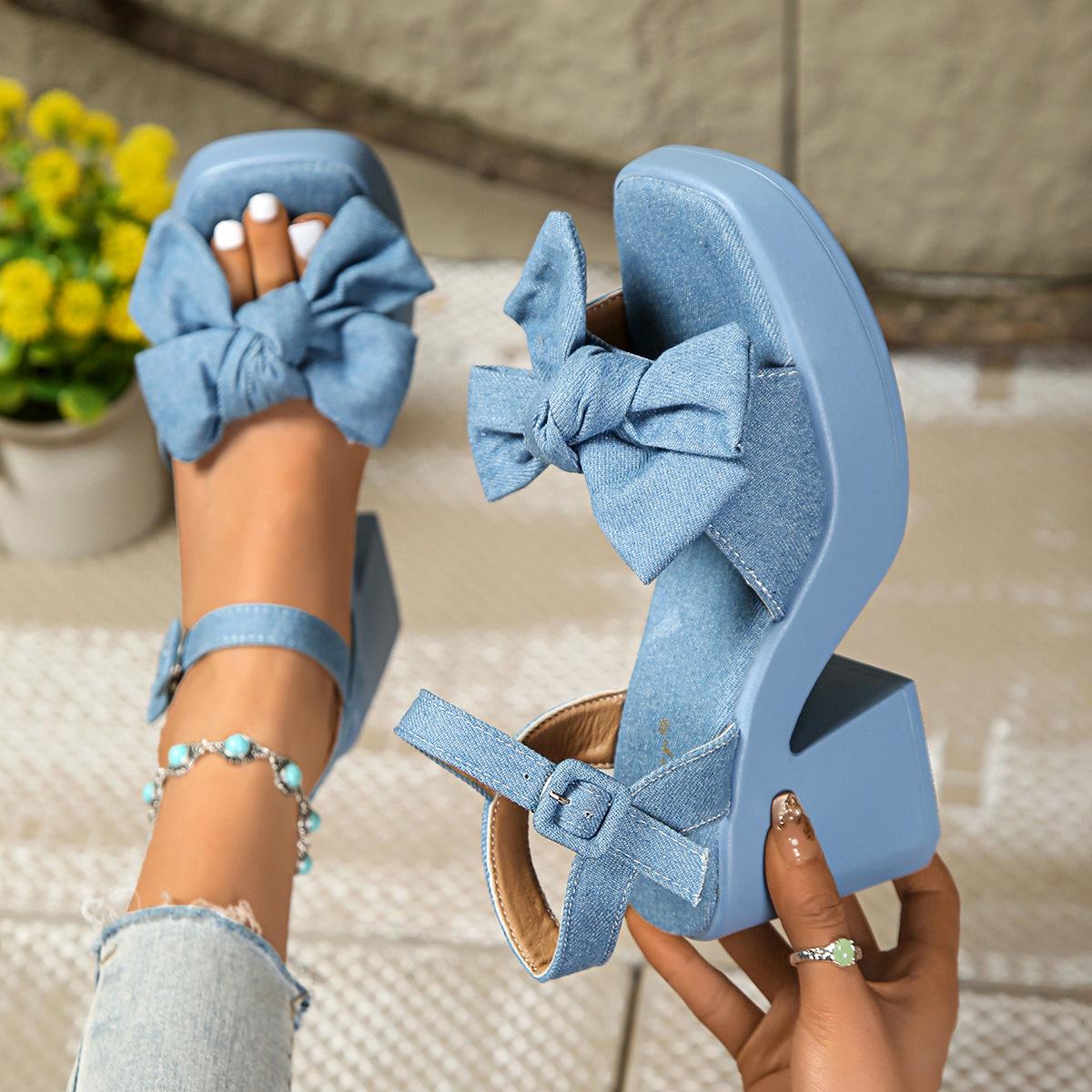 

Модные босоножки на платформе с квадратной головкой и бабочкой, женские летние новые нежные модные босоножки на толстом каблуке, универсальные босоножки на высоком каблуке для женщин 35 джинсовый