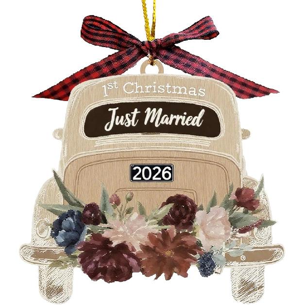 Wedding Gifts for Couples 2026 Newly Married Hanging Car Ornament Gift with Buffalo Plaid Bow Tie Just Married 3.9" Rustic Bridal Shower Decor for