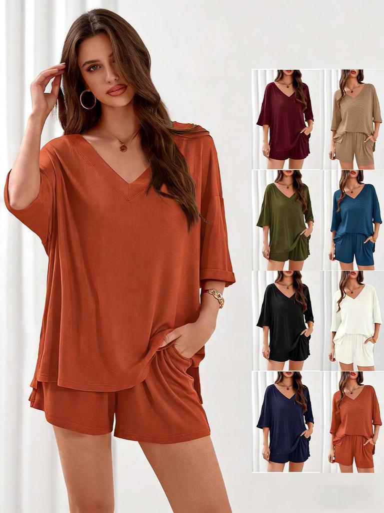 New Women's Casual Two-Piece Set: Loose V-Neck Short-Sleeved Top and Shorts