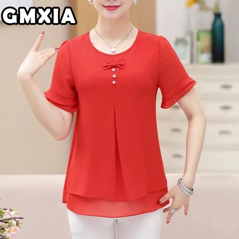 GMXIA Women's Fashion Casual Leisure Solid Color Print Short Sleeve O Neck Blouses & Shirts