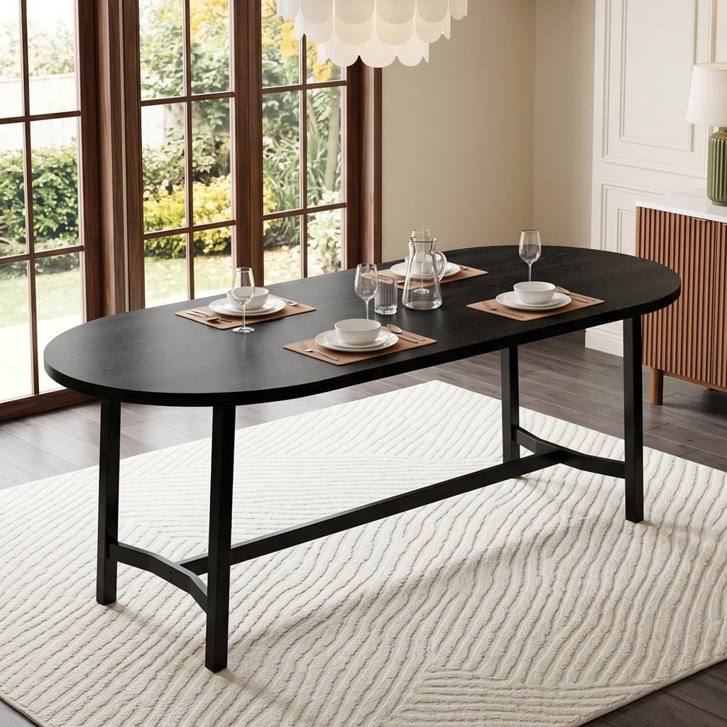 Tavolo da Pranzo 180*80*75cm, adatto per 6-8 persone, Tavolo da Pranzo con Angoli Arrotondati, Tavolo da Pranzo in Stile Semplice, Gambe del Tavolo in Ferro, Nero