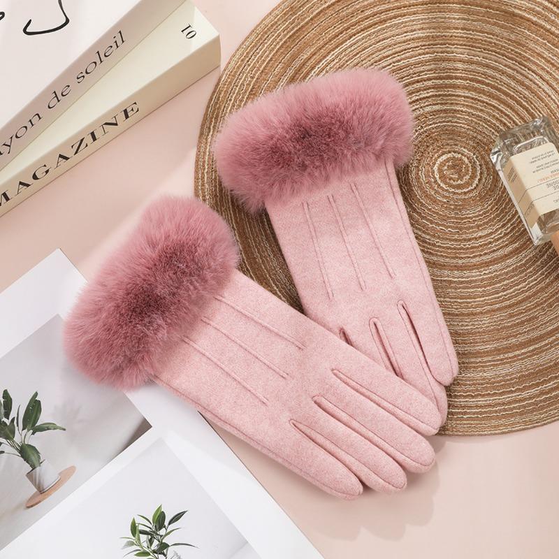 Women Winter Keep Warm Touch Screen Stripe Wrist Hairy Gloves Elegant Simple Windproof Not Bloated Cycling Drive Elasticity