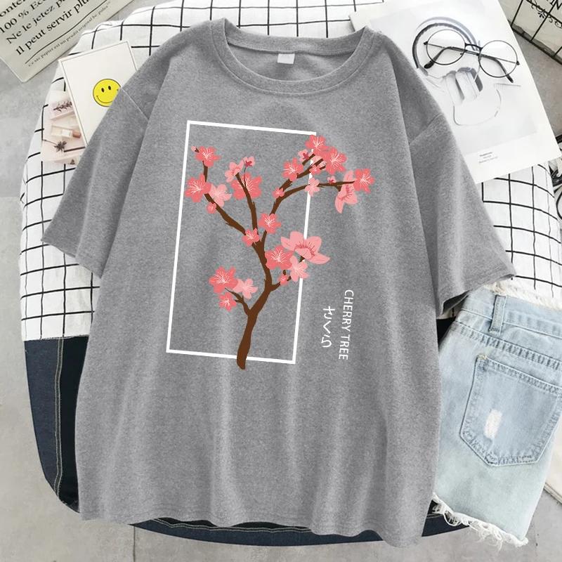 

Cherry Tree in Full Bloom Printing Female Tshirt Street Breathable T Shirt Soft Fashion Short Sleeve Oversized Sport T Shirts S