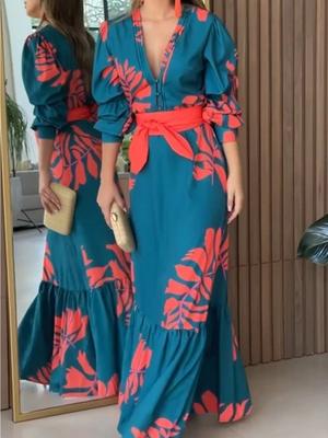 Sexy Elegant Long Dress Robes for Women V Neck Long Sleeve Loose Flower LaAeup Fashion Travel Casual Plus Female Clothing