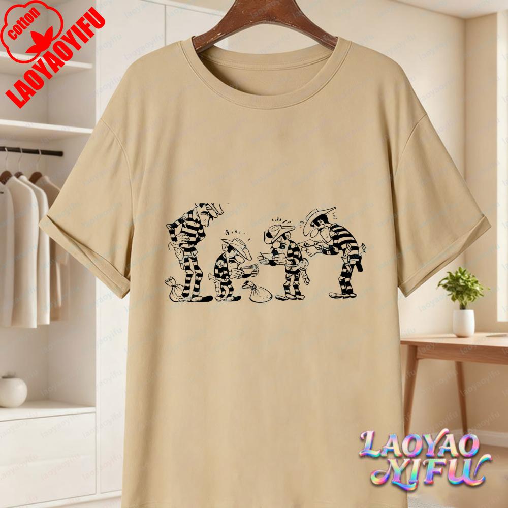 Lucky Luke Vollbesetzung Druck Lässige Oberteile Verspieltes West-Cartoon Baumwoll-T-Shirt Lustiges Vintage Klassisches Anime-Shirt Trend Unisex Kleidung