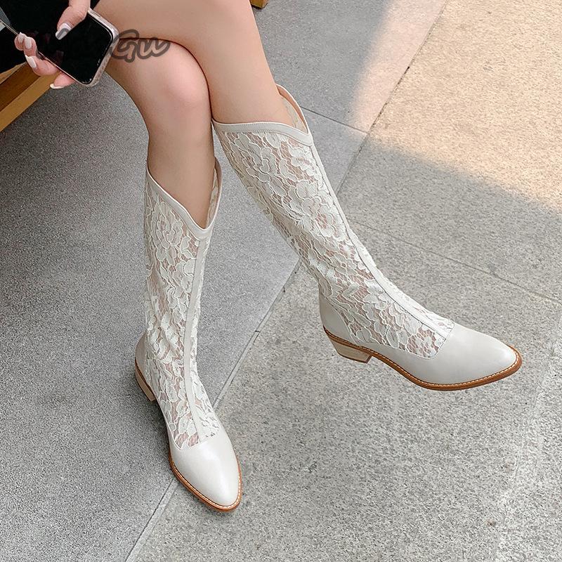 Fashion Woman Fashion Lace Flower Boots Thick Heel Pointed Toe Mid-calf Boots Female Footwear Summer Size 41 Breathable Botas De Mujer