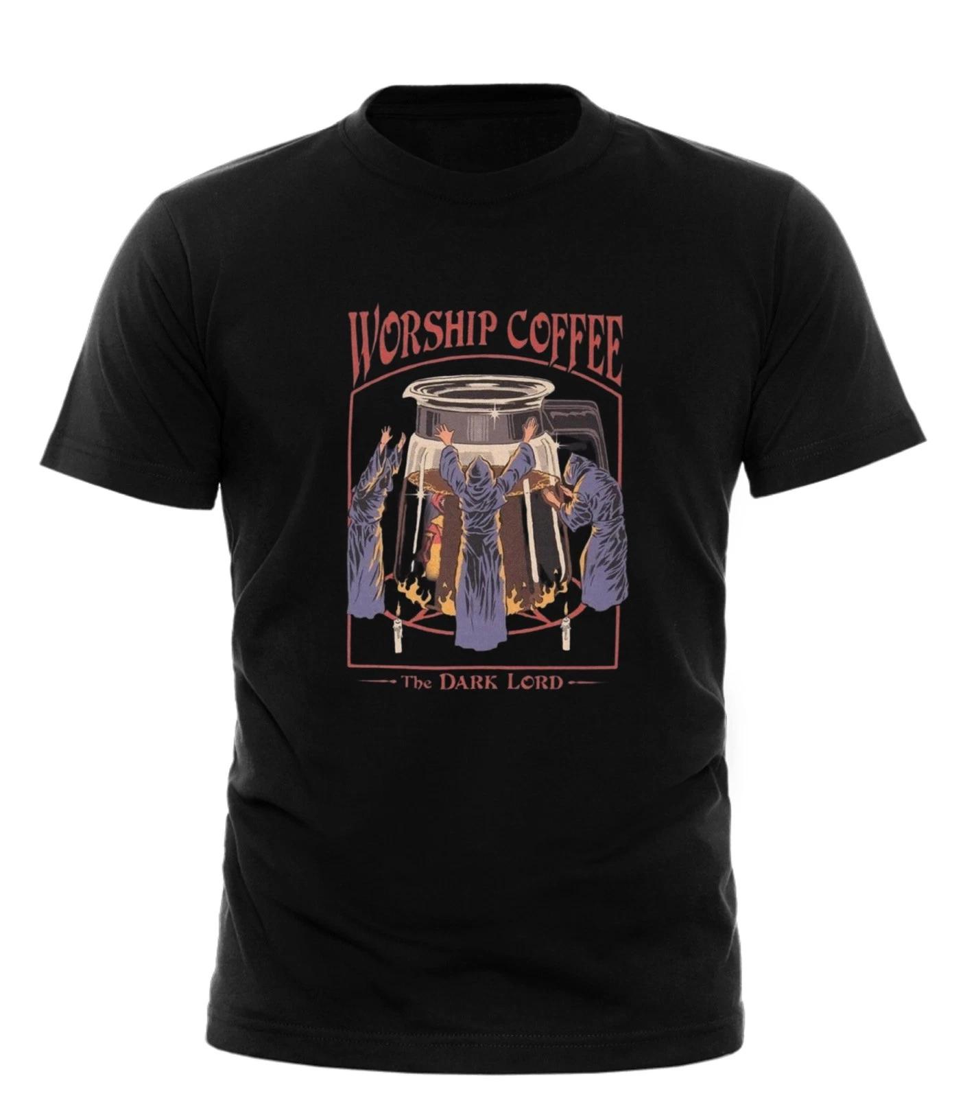 Worship Coffee T-Shirt Retro Dark Humor The Dark Lord Funny Graphic Tee cotton XL