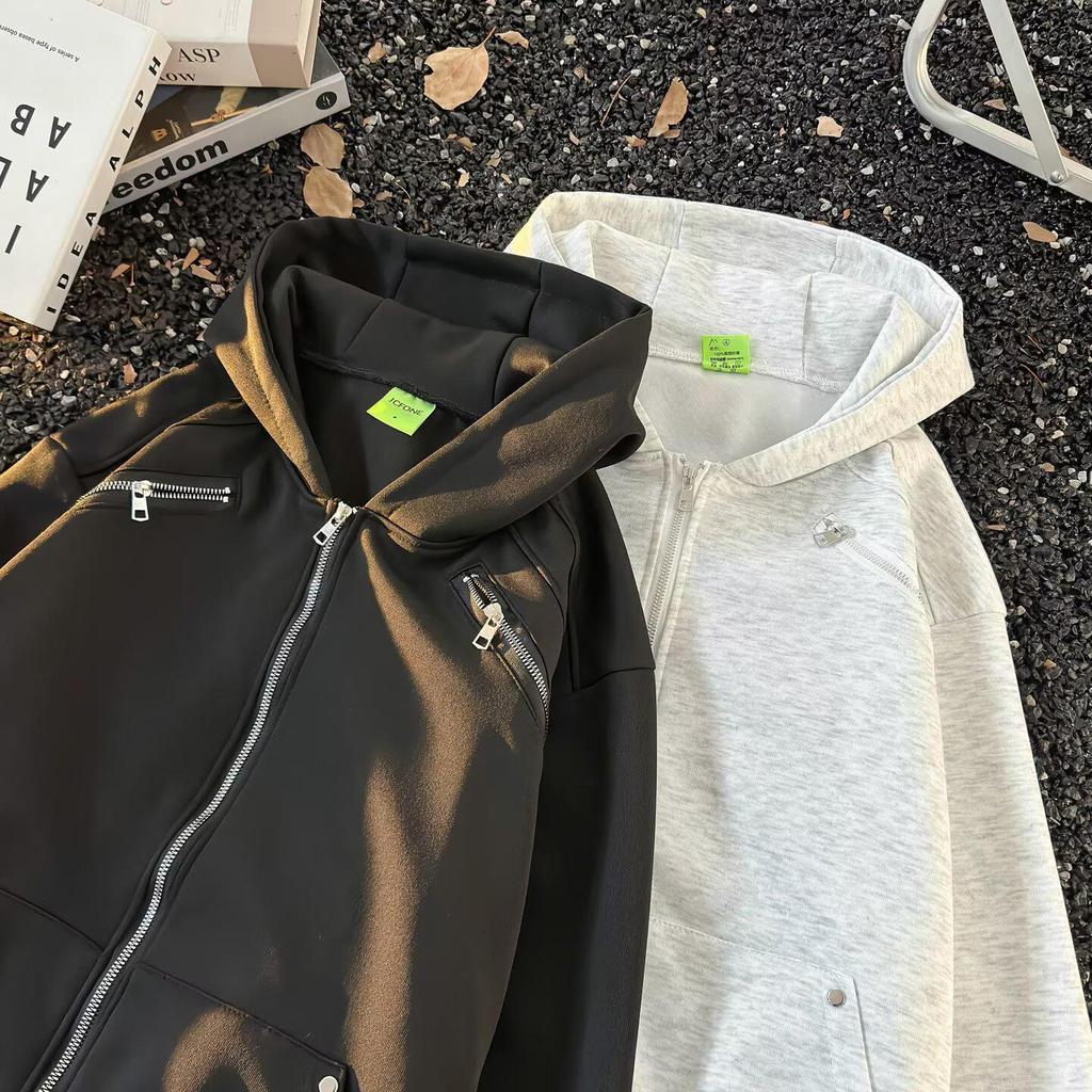 Unisex Spring Shoulder Padded Jacket: High Street Cool, Zipper Accents, Fashion Hoodie Cardigan