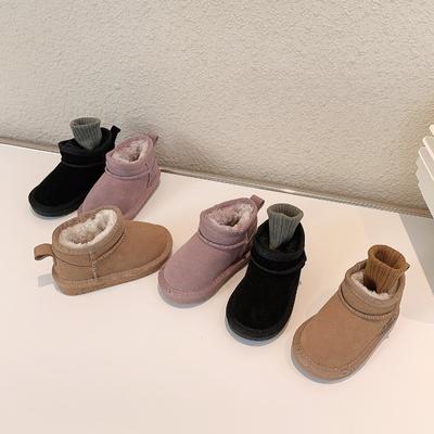 Koreanische einfarbige Kinder-Low-Top-Schneestiefel aus mattem Leder, Mädchen-Baumwollstiefel, kurze Stiefel, Baby-Baumwollschuhe