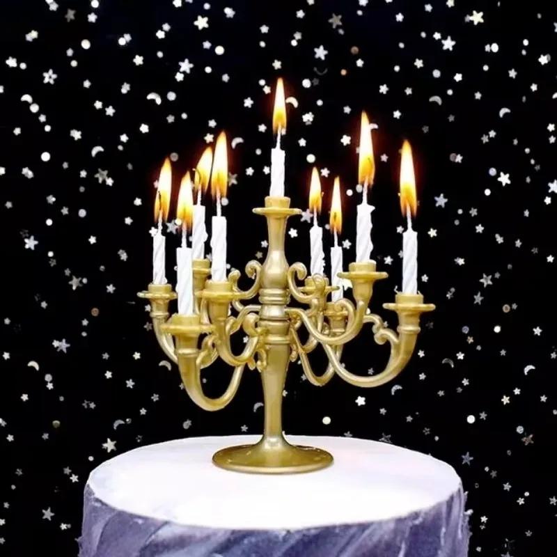 New 9 Pcs Candles and Candlestick Bracket 1 Set Cake Topper Birthday Party Candle Holders Toppers Decoration