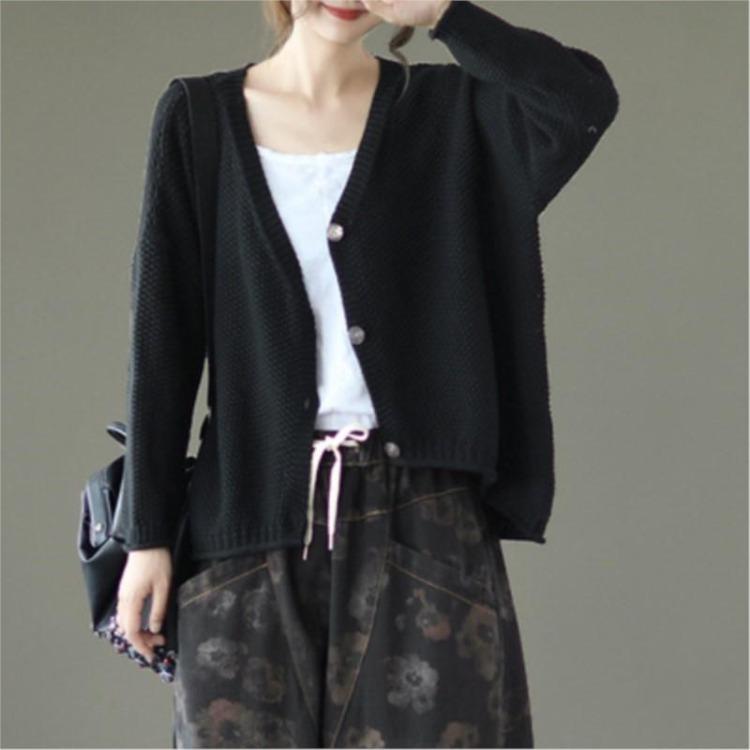 Johnature Vintage Cotton Knit Cardigan Women Solid Color Casual Sweater Long Sleeve Button V Neck Clothes